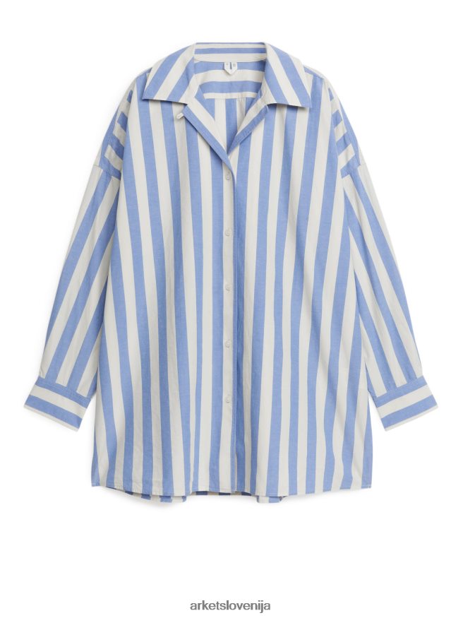 oblačila sl ARKET ženske bombažna lanena srajca modra/umazano bela 6X02XV6